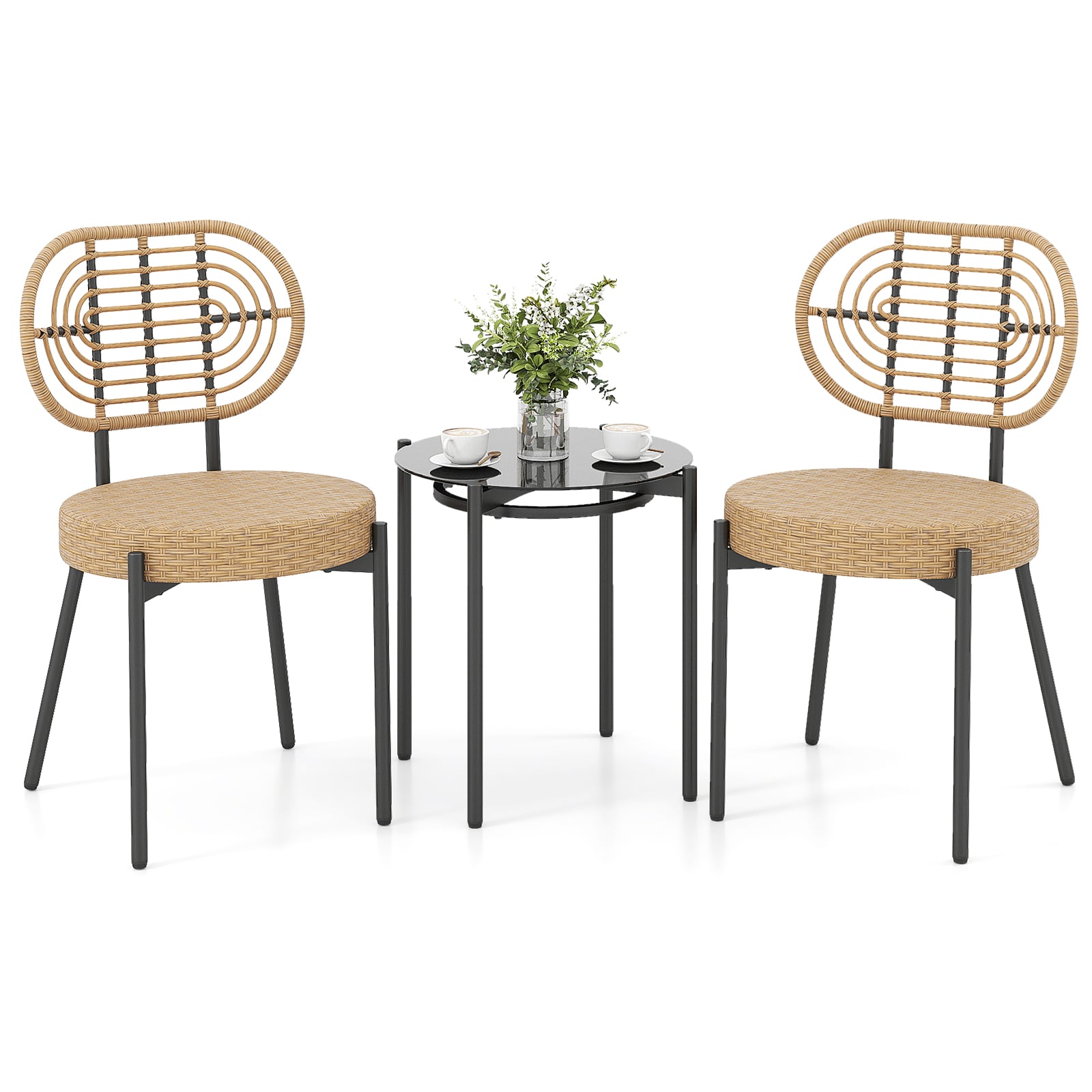 3 Pieces PE Wicker Outdoor Bistro Set Patio Conversation Set with Tempered Glass Coffee Table and Rattan Chairs-Brown