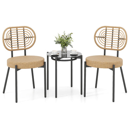 3 Pieces PE Wicker Outdoor Bistro Set Patio Conversation Set with Tempered Glass Coffee Table and Rattan Chairs-Brown