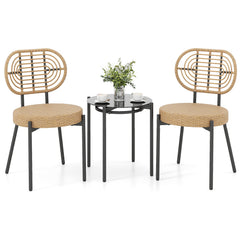 3 Pieces PE Wicker Outdoor Bistro Set Patio Conversation Set with Tempered Glass Coffee Table and Rattan Chairs-Brown