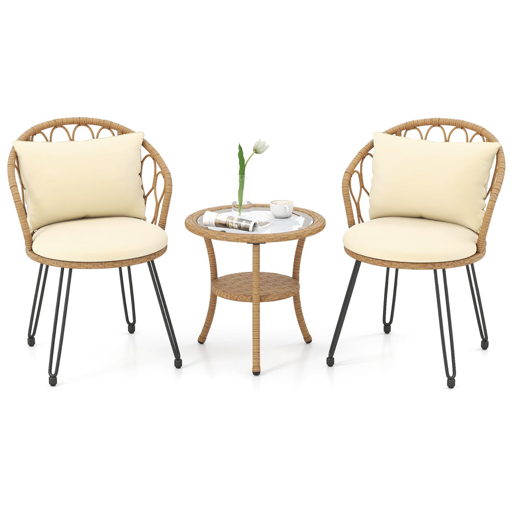 3 Pieces PE Wicker Patio Bistro Set with Cushions for Porch-Beige