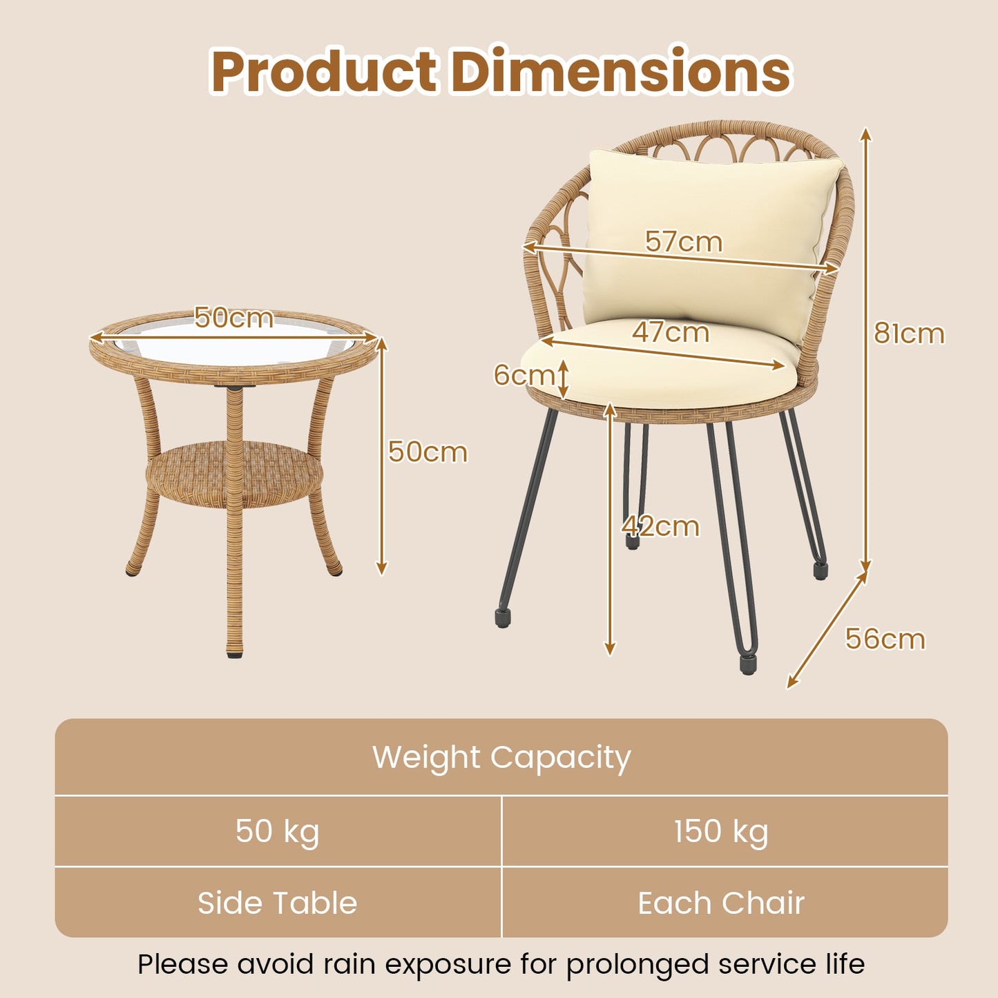 3 Pieces PE Wicker Patio Bistro Set with Cushions for Porch-Beige