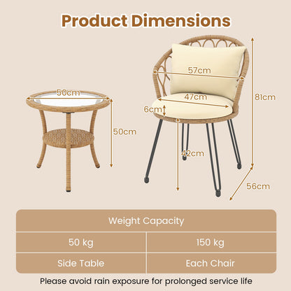 3 Pieces PE Wicker Patio Bistro Set with Cushions for Porch-Beige