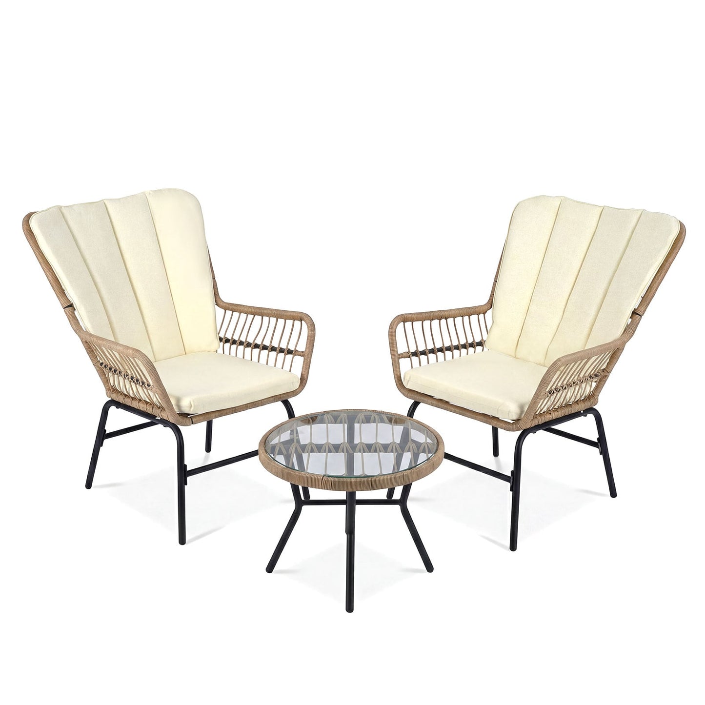3 Pieces Patio Bistro Set Outdoor PE Wicker Conversation Set with Tempered Glass Coffee Table-Beige