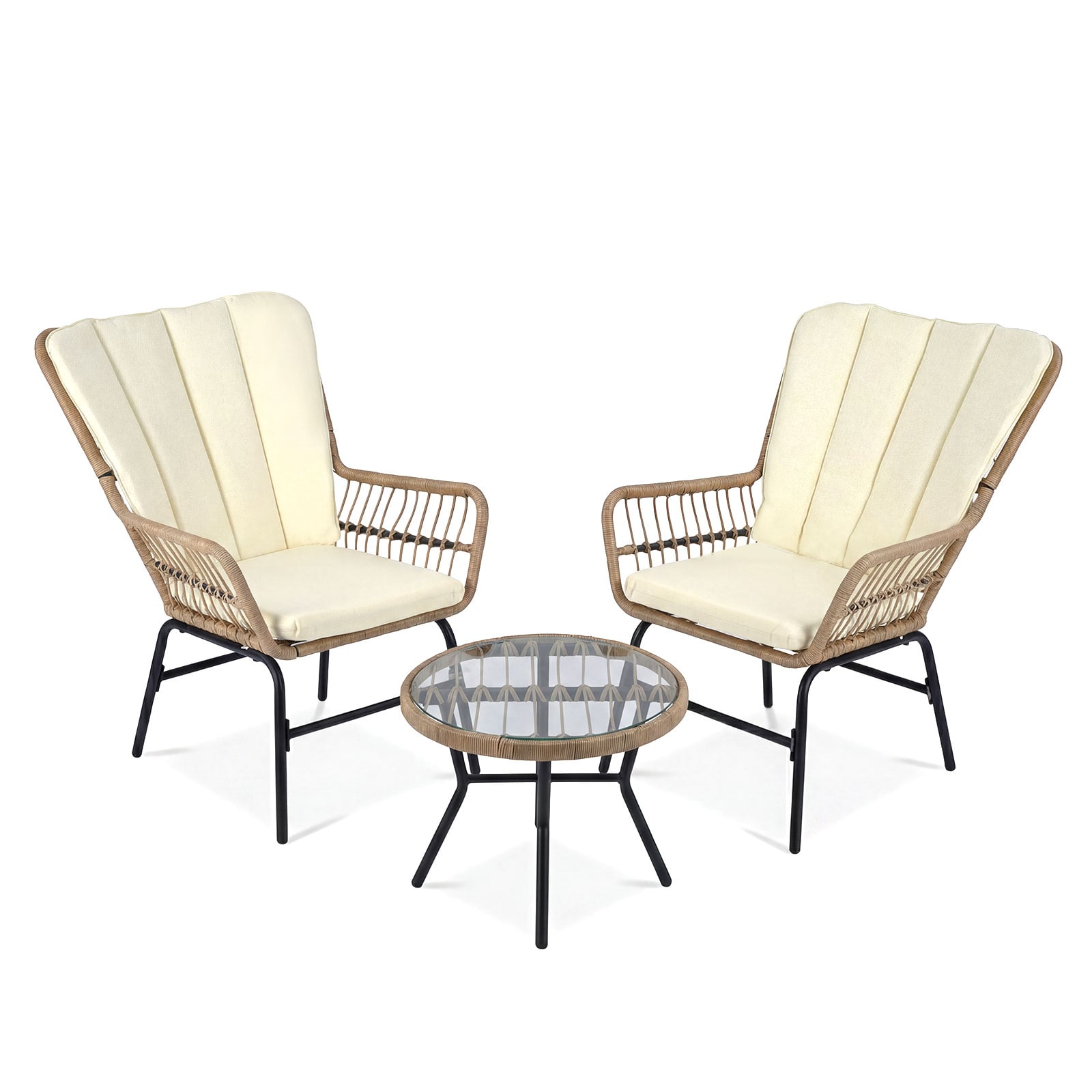 3 Pieces Patio Bistro Set Outdoor PE Wicker Conversation Set with Tempered Glass Coffee Table-Beige