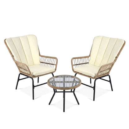 3 Pieces Patio Bistro Set Outdoor PE Wicker Conversation Set with Tempered Glass Coffee Table-Beige