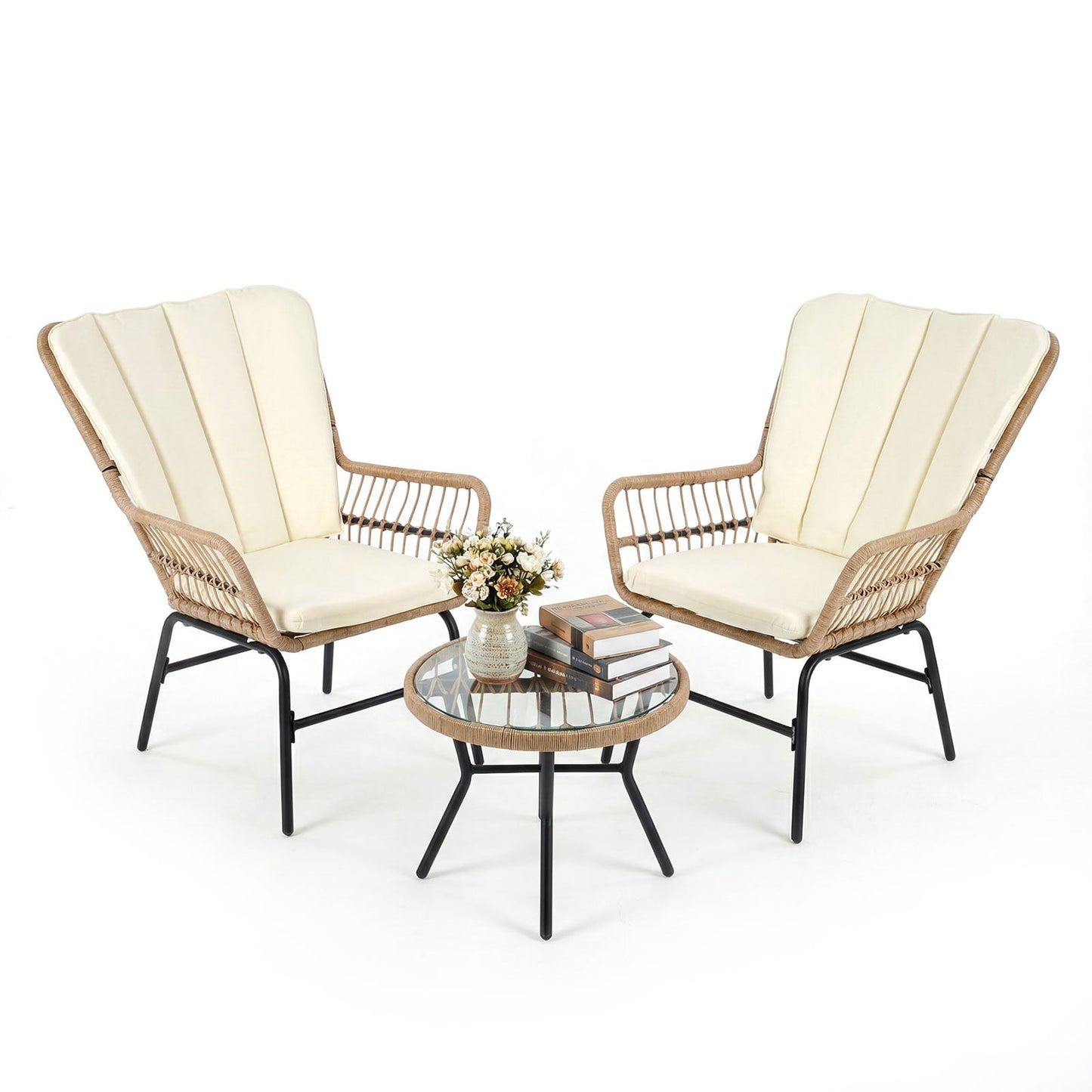 3 Pieces Patio Bistro Set Outdoor PE Wicker Conversation Set with Tempered Glass Coffee Table-Beige