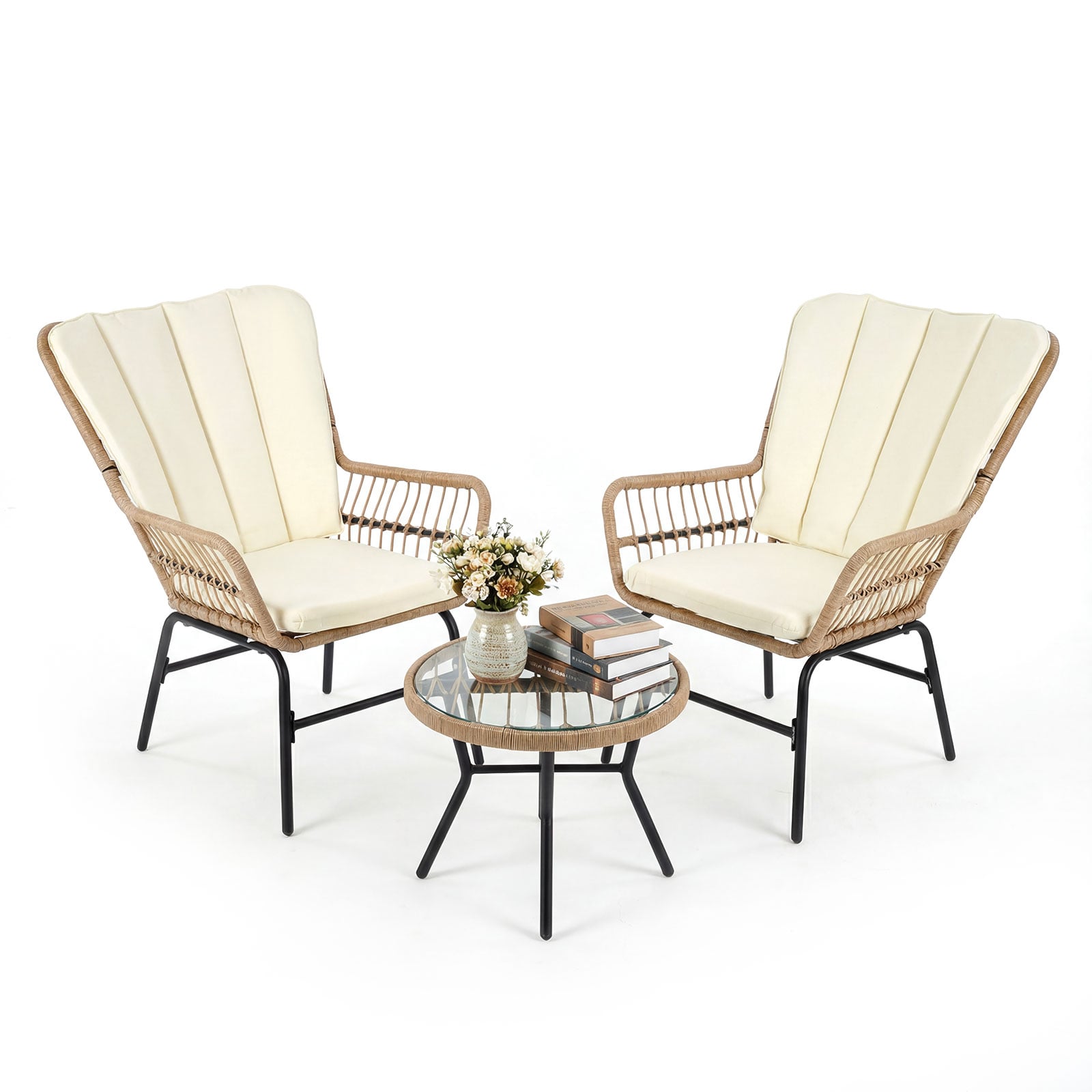 3 Pieces Patio Bistro Set Outdoor PE Wicker Conversation Set with Tempered Glass Coffee Table-Beige