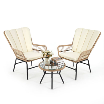 3 Pieces Patio Bistro Set Outdoor PE Wicker Conversation Set with Tempered Glass Coffee Table-Beige
