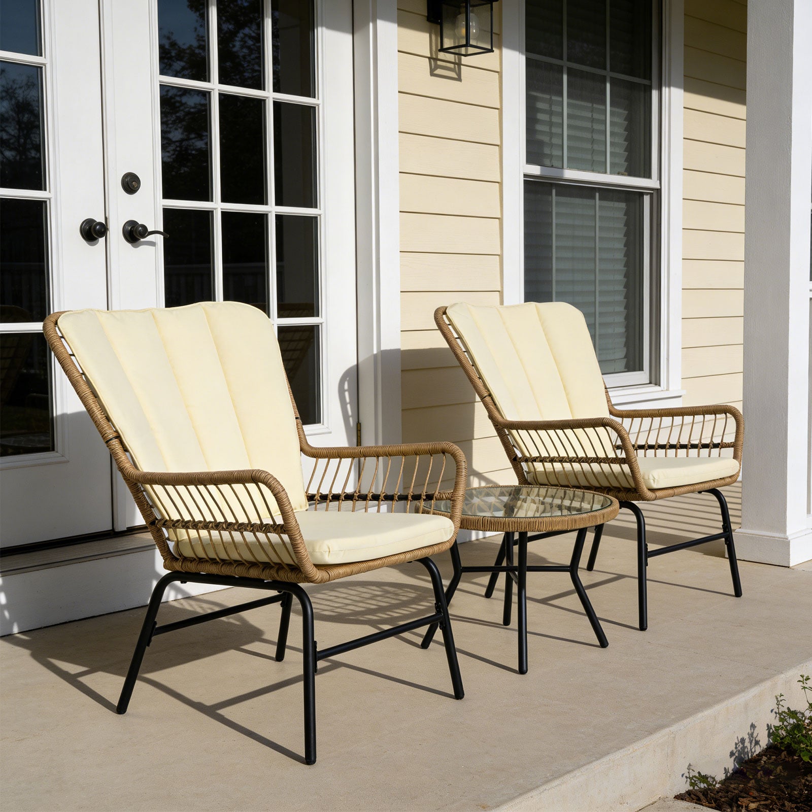 3 Pieces Patio Bistro Set Outdoor PE Wicker Conversation Set with Tempered Glass Coffee Table-Beige