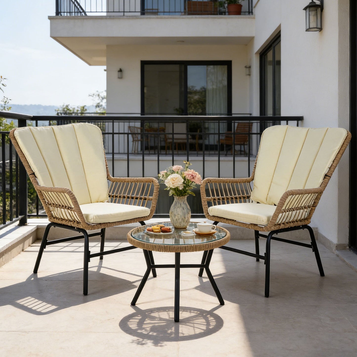 3 Pieces Patio Bistro Set Outdoor PE Wicker Conversation Set with Tempered Glass Coffee Table-Beige