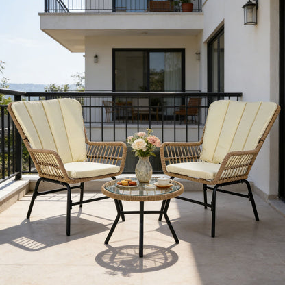 3 Pieces Patio Bistro Set Outdoor PE Wicker Conversation Set with Tempered Glass Coffee Table-Beige