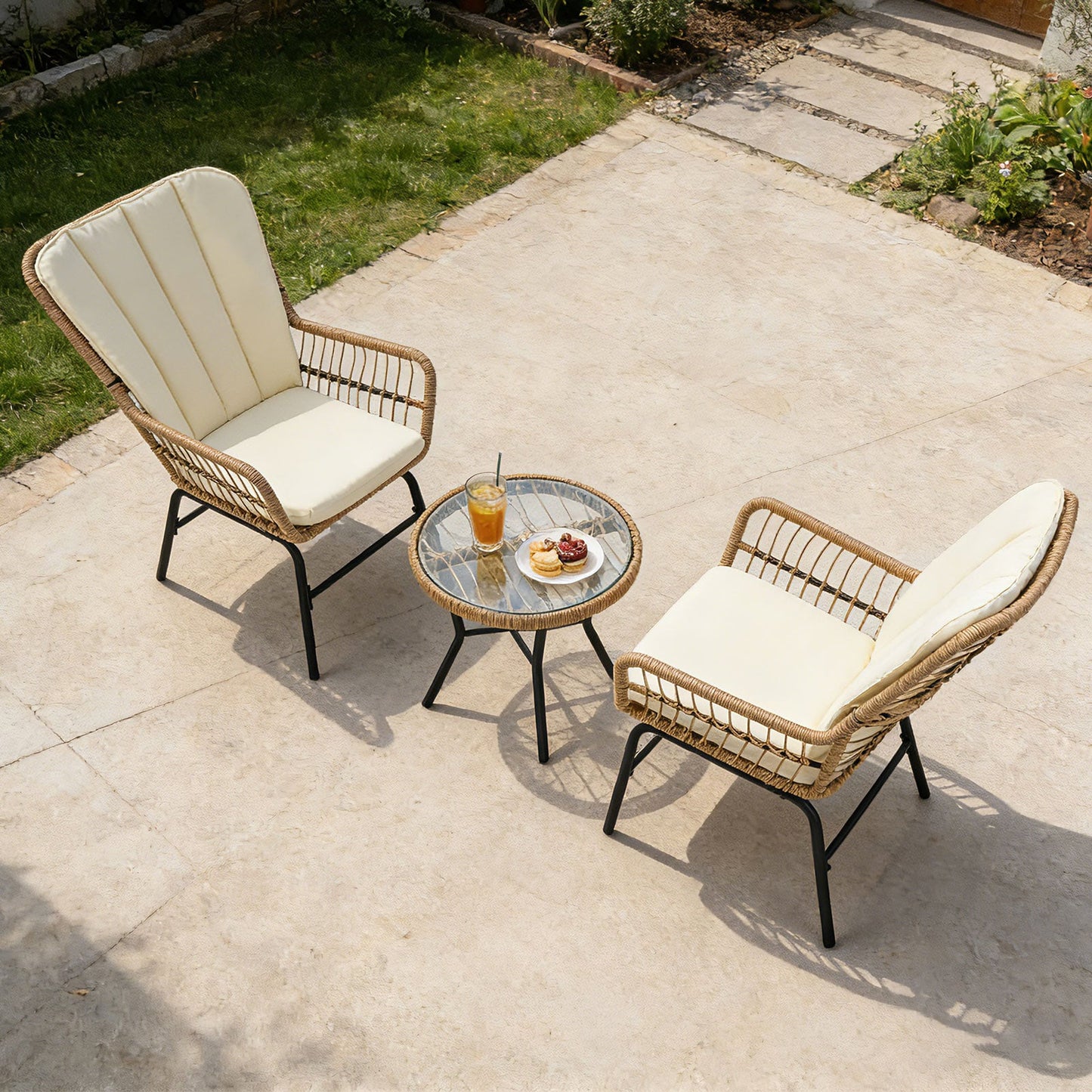 3 Pieces Patio Bistro Set Outdoor PE Wicker Conversation Set with Tempered Glass Coffee Table-Beige