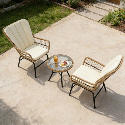 3 Pieces Patio Bistro Set Outdoor PE Wicker Conversation Set with Tempered Glass Coffee Table-Beige