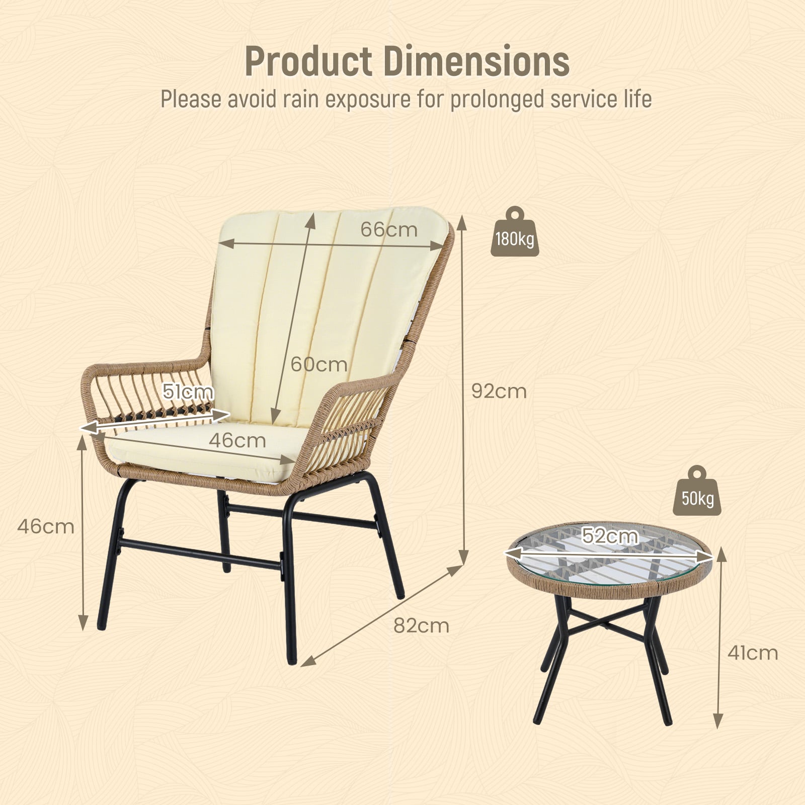 3 Pieces Patio Bistro Set Outdoor PE Wicker Conversation Set with Tempered Glass Coffee Table-Beige