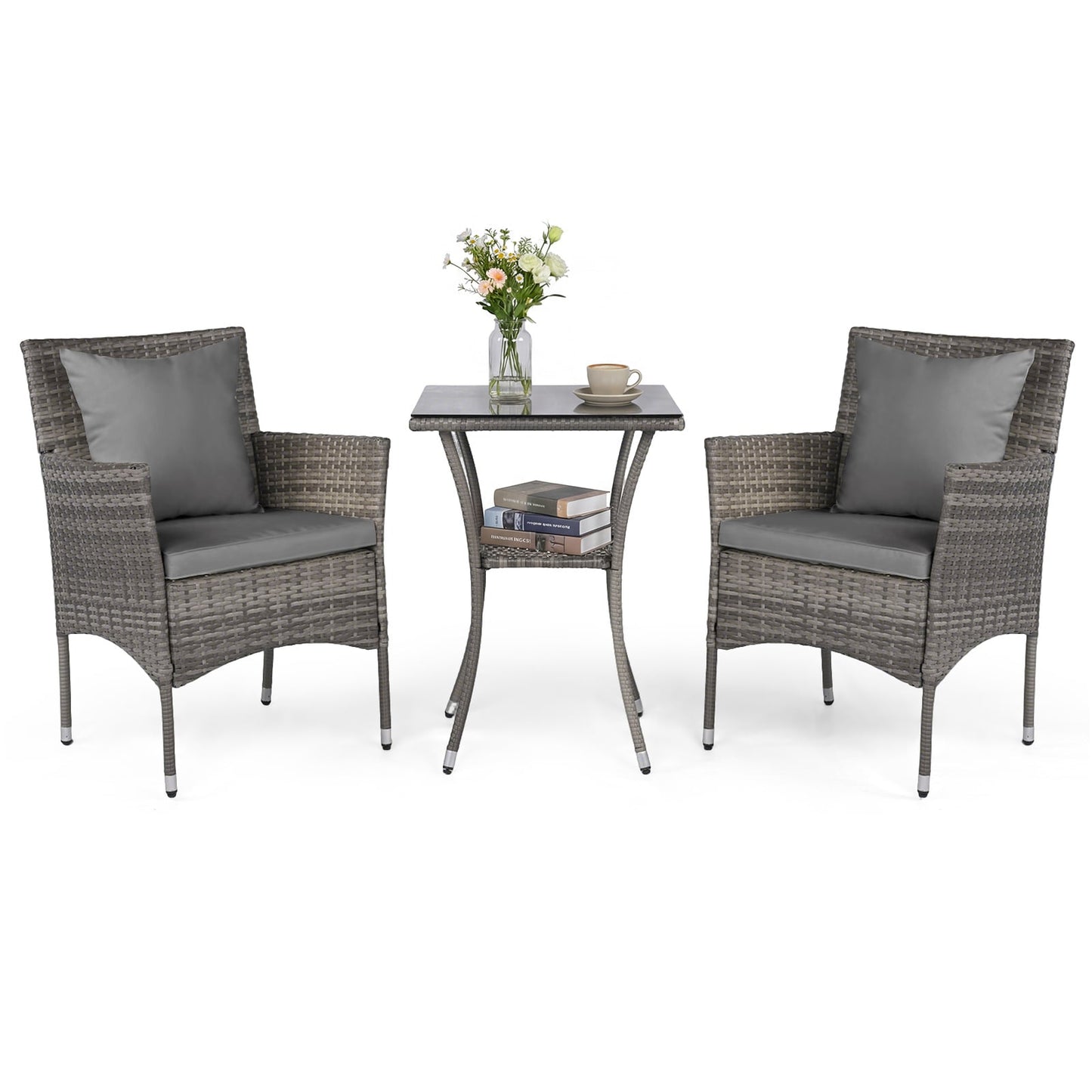 3 Pieces Patio Wicker Bistro Set 2 Rattan Chairs with Double-Tier Tempered Glass Table-Grey