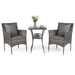 3 Pieces Patio Wicker Bistro Set 2 Rattan Chairs with Double-Tier Tempered Glass Table-Grey