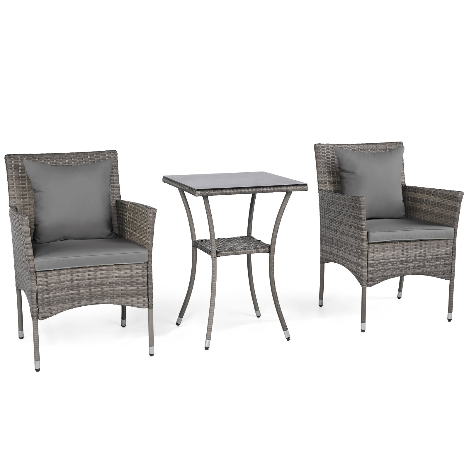 3 Pieces Patio Wicker Bistro Set 2 Rattan Chairs with Double-Tier Tempered Glass Table-Grey