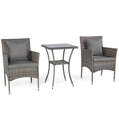 3 Pieces Patio Wicker Bistro Set 2 Rattan Chairs with Double-Tier Tempered Glass Table-Grey