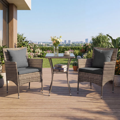 3 Pieces Patio Wicker Bistro Set 2 Rattan Chairs with Double-Tier Tempered Glass Table-Grey