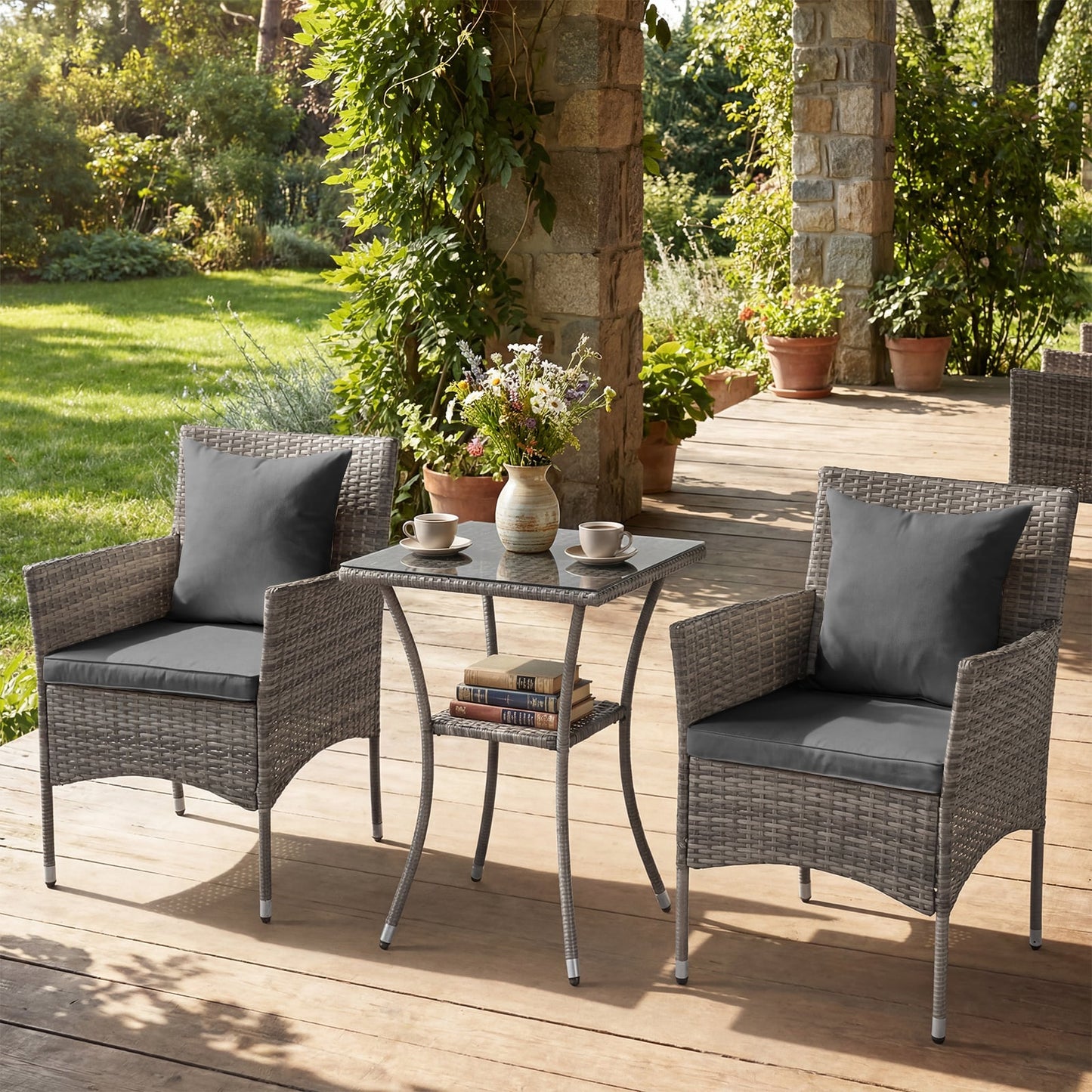 3 Pieces Patio Wicker Bistro Set 2 Rattan Chairs with Double-Tier Tempered Glass Table-Grey