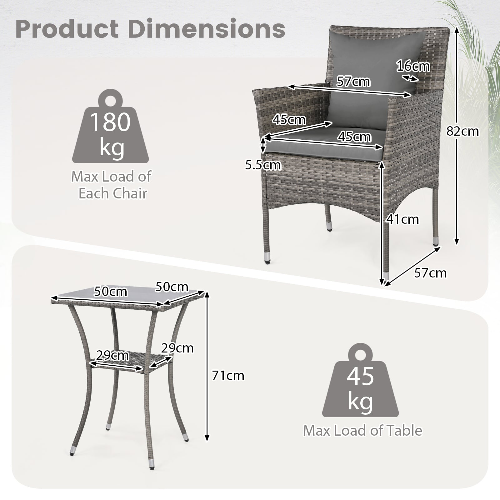 3 Pieces Patio Wicker Bistro Set 2 Rattan Chairs with Double-Tier Tempered Glass Table-Grey