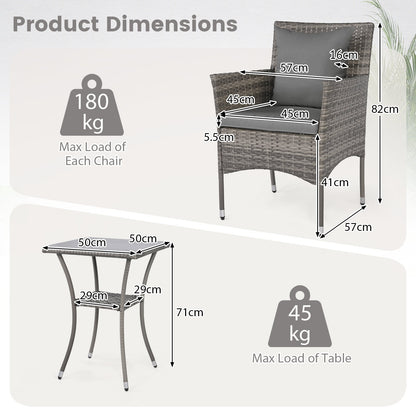 3 Pieces Patio Wicker Bistro Set 2 Rattan Chairs with Double-Tier Tempered Glass Table-Grey