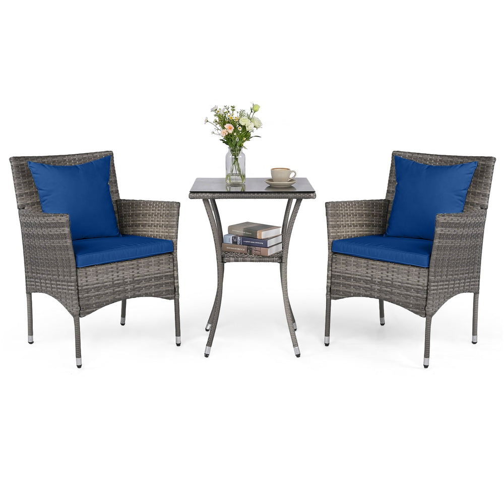 3 Pieces Patio Wicker Bistro Set 2 Rattan Chairs with Double-Tier Tempered Glass Table-Navy