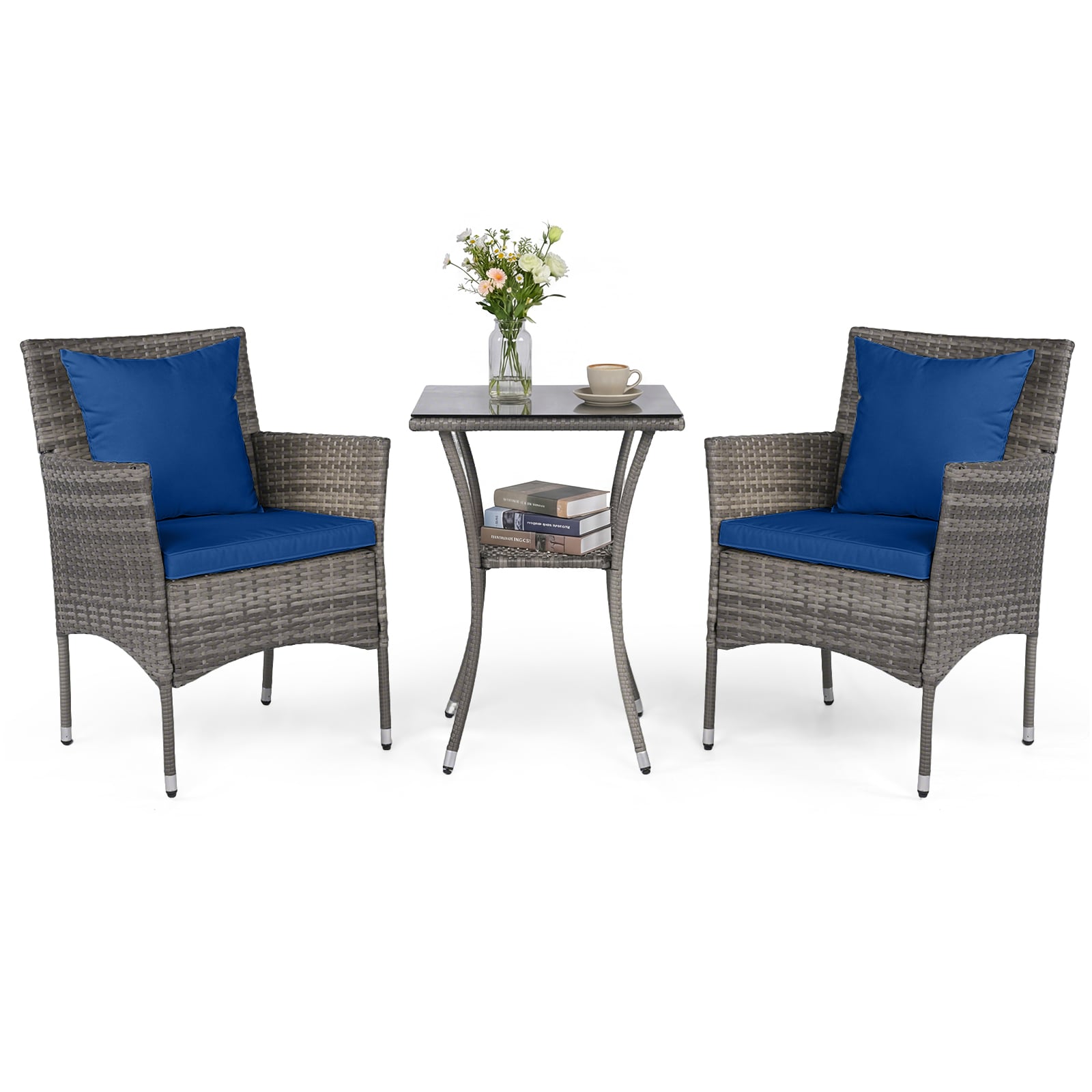 3 Pieces Patio Wicker Bistro Set 2 Rattan Chairs with Double-Tier Tempered Glass Table-Navy