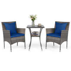 3 Pieces Patio Wicker Bistro Set 2 Rattan Chairs with Double-Tier Tempered Glass Table-Navy