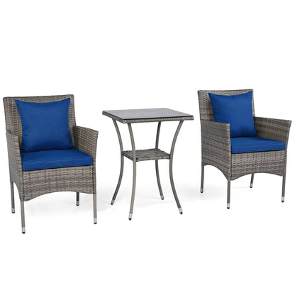 3 Pieces Patio Wicker Bistro Set 2 Rattan Chairs with Double-Tier Tempered Glass Table-Navy