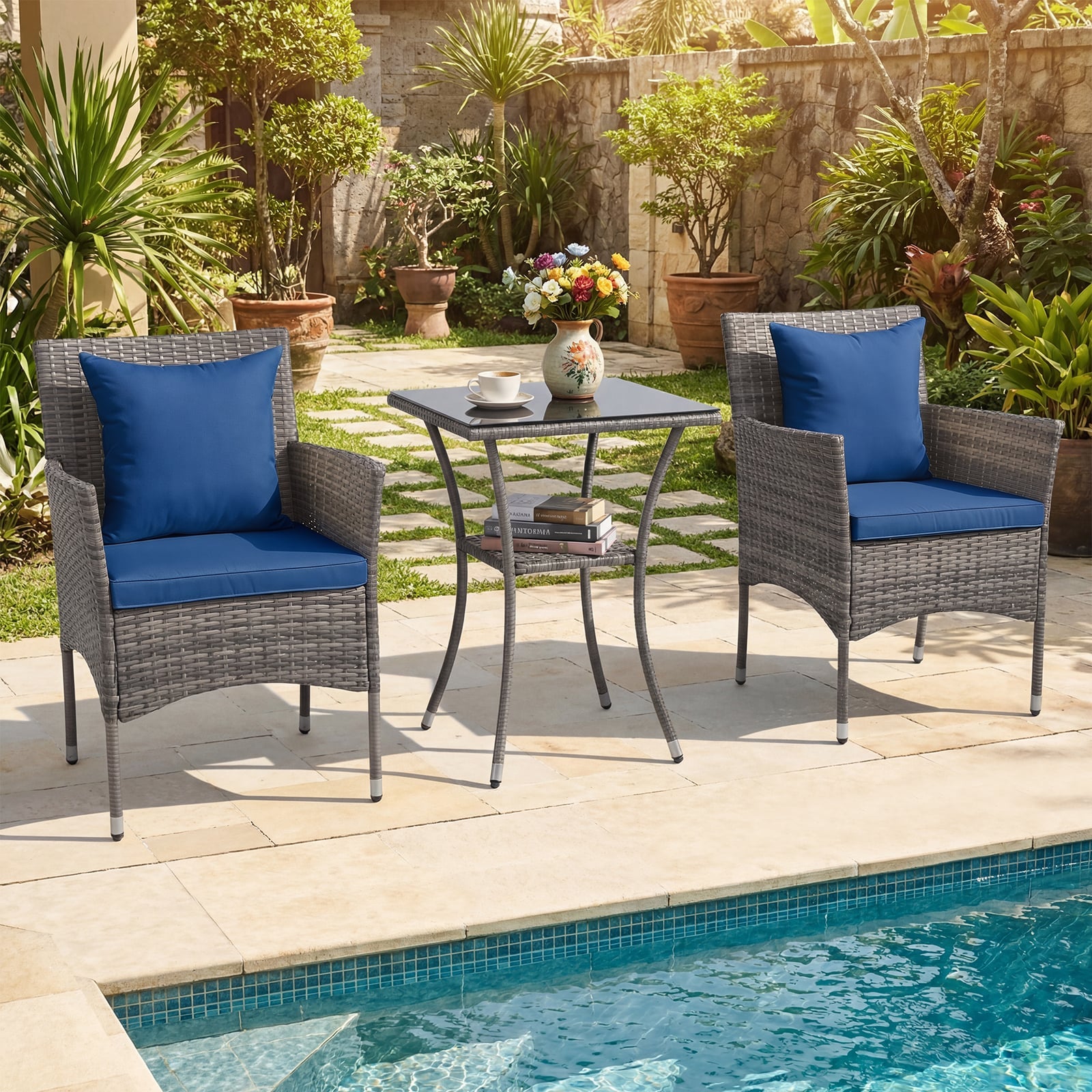 3 Pieces Patio Wicker Bistro Set 2 Rattan Chairs with Double-Tier Tempered Glass Table-Navy