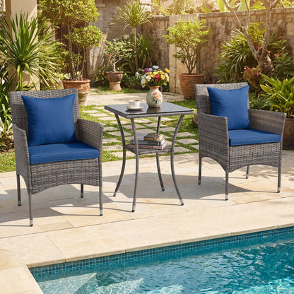 3 Pieces Patio Wicker Bistro Set 2 Rattan Chairs with Double-Tier Tempered Glass Table-Navy
