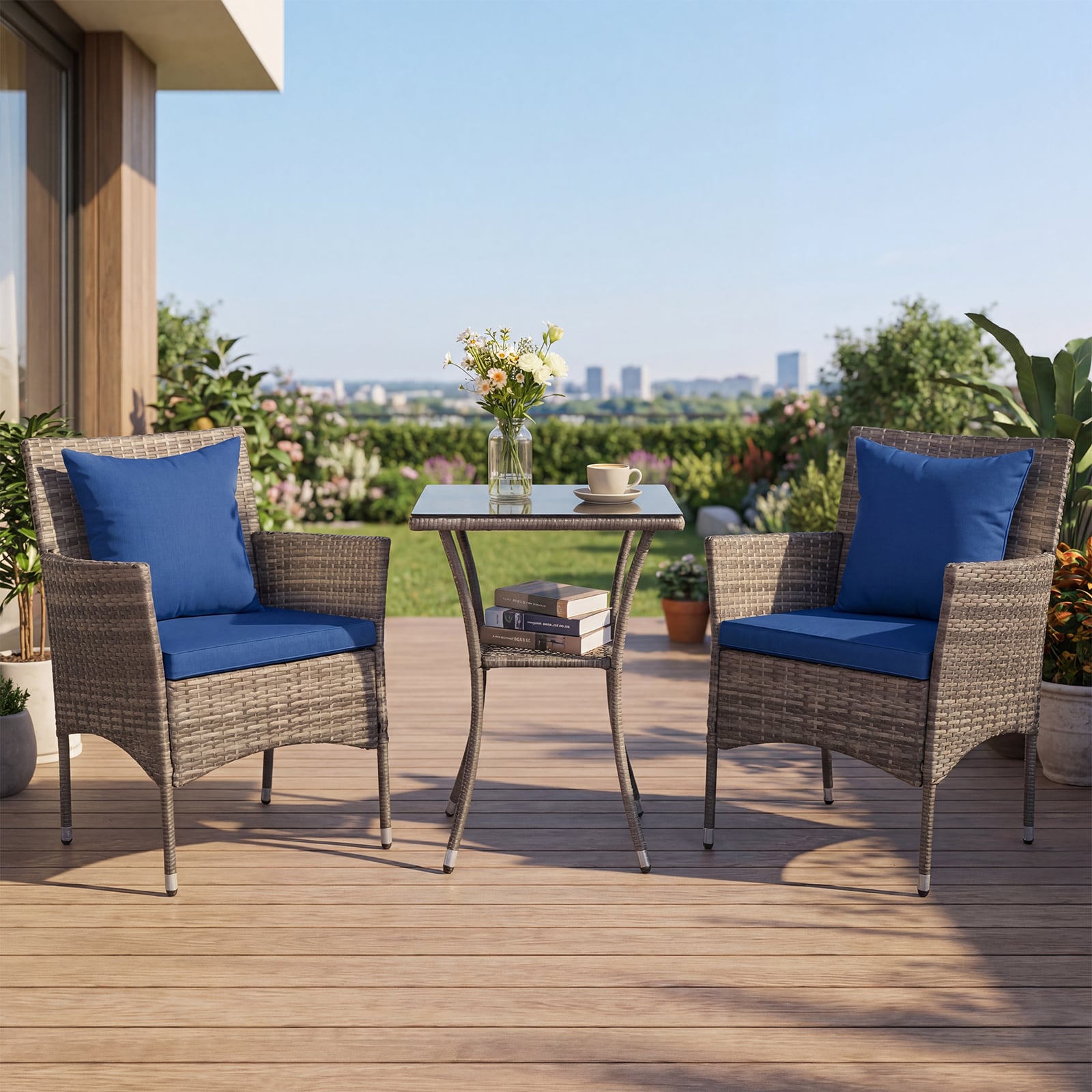 3 Pieces Patio Wicker Bistro Set 2 Rattan Chairs with Double-Tier Tempered Glass Table-Navy