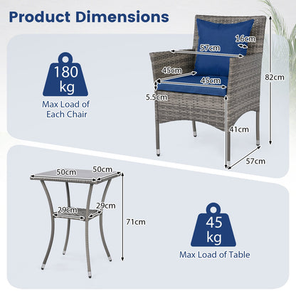 3 Pieces Patio Wicker Bistro Set 2 Rattan Chairs with Double-Tier Tempered Glass Table-Navy