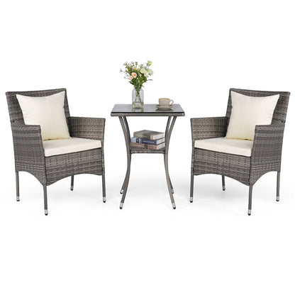 3 Pieces Patio Wicker Bistro Set 2 Rattan Chairs with Double-Tier Tempered Glass Table-Off White
