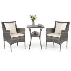 3 Pieces Patio Wicker Bistro Set 2 Rattan Chairs with Double-Tier Tempered Glass Table-Off White