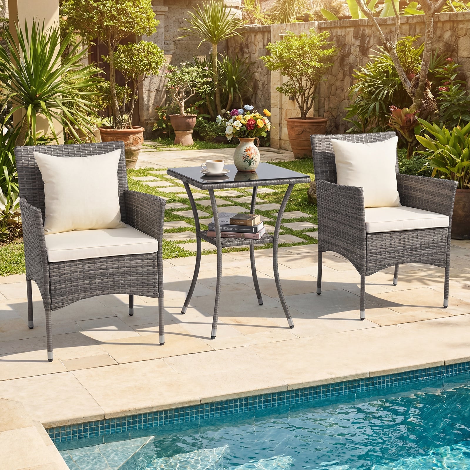 3 Pieces Patio Wicker Bistro Set 2 Rattan Chairs with Double-Tier Tempered Glass Table-Off White