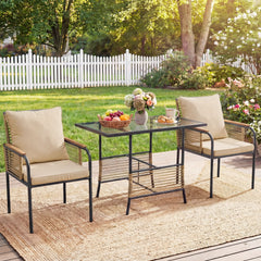 3 Pieces Patio Wicker Bistro Set with Cushions and Rattan Chairs for Balcony-Brown