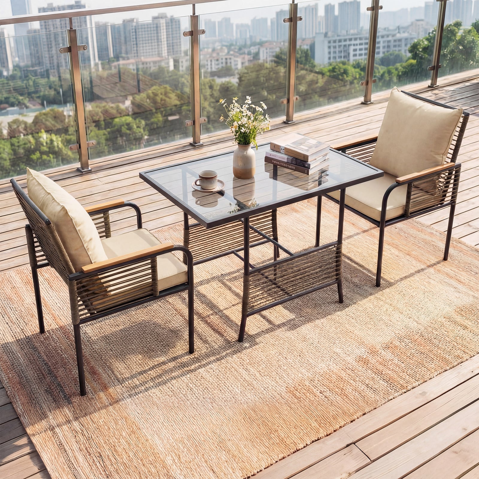 3 Pieces Patio Wicker Bistro Set with Cushions and Rattan Chairs for Balcony-Brown