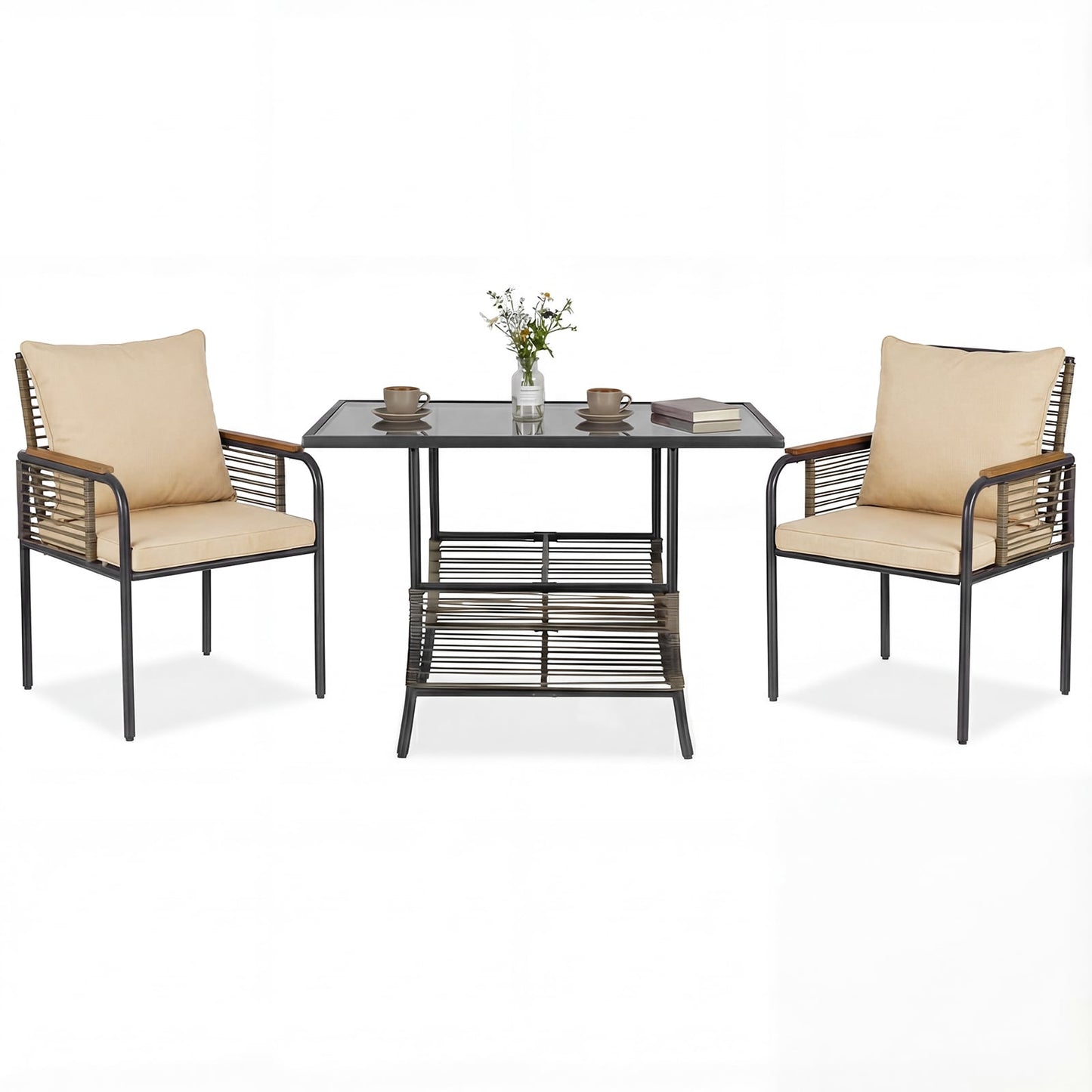 3 Pieces Patio Wicker Bistro Set with Cushions and Rattan Chairs for Balcony-Brown