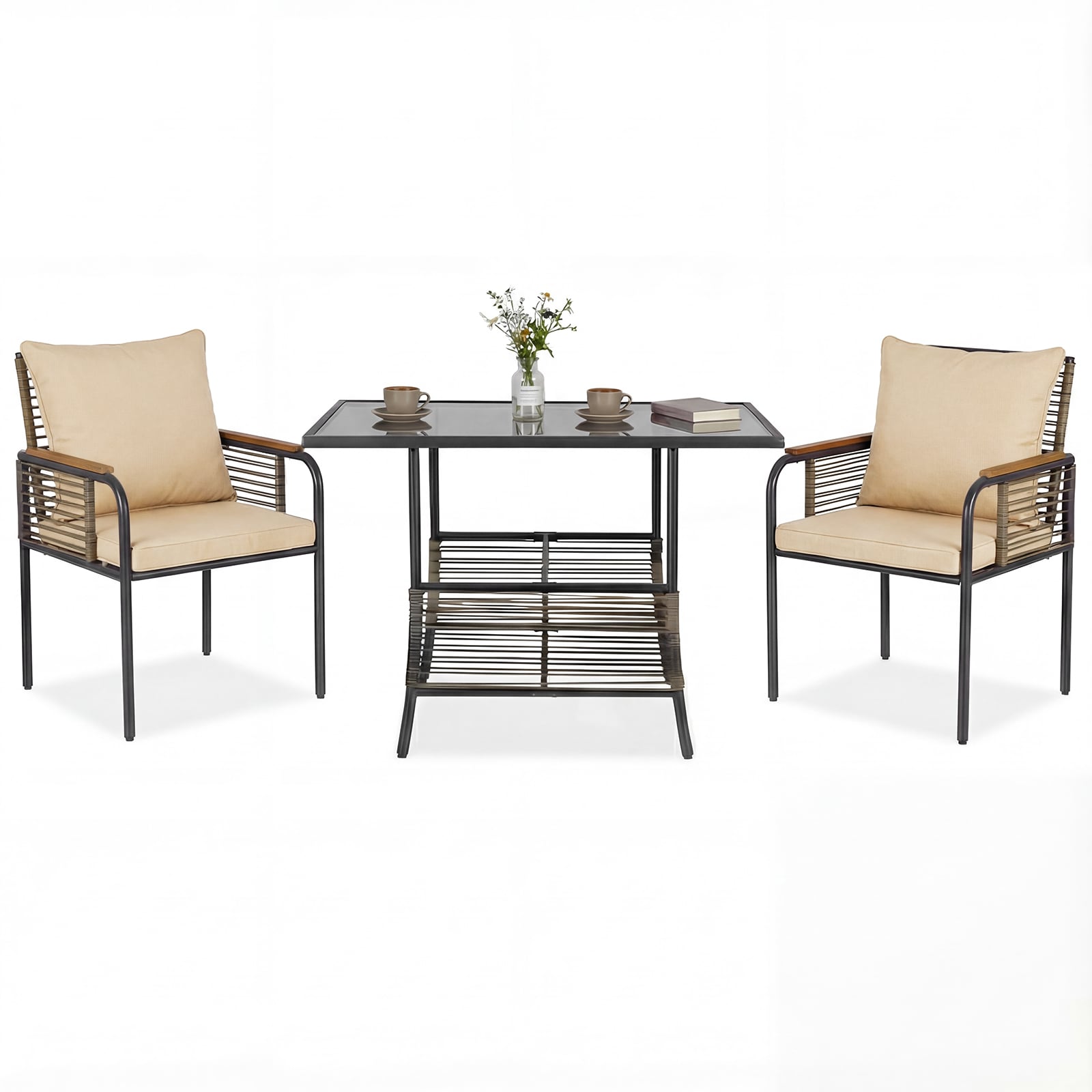 3 Pieces Patio Wicker Bistro Set with Cushions and Rattan Chairs for Balcony-Brown