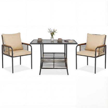 3 Pieces Patio Wicker Bistro Set with Cushions and Rattan Chairs for Balcony-Brown