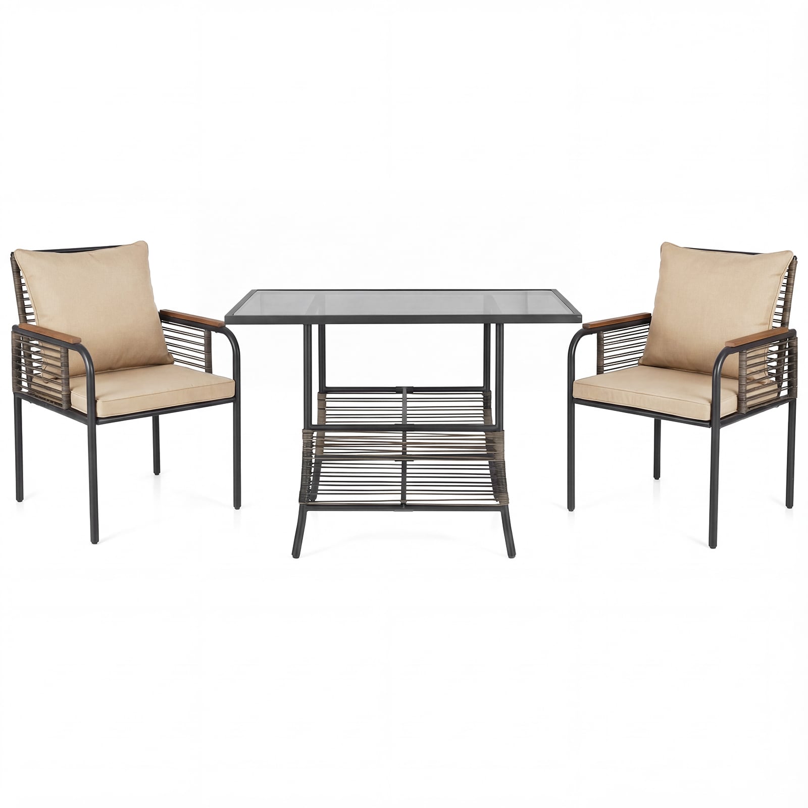 3 Pieces Patio Wicker Bistro Set with Cushions and Rattan Chairs for Balcony-Brown