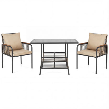 3 Pieces Patio Wicker Bistro Set with Cushions and Rattan Chairs for Balcony-Brown