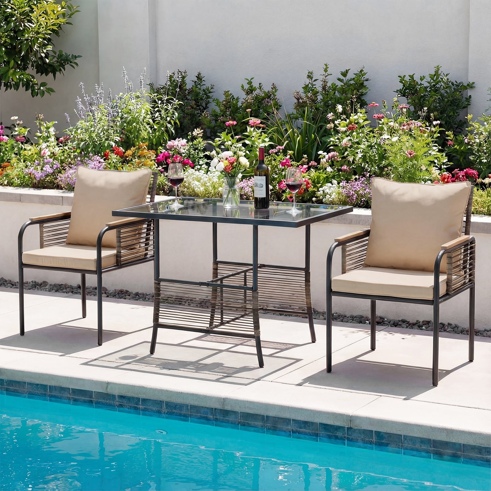 3 Pieces Patio Wicker Bistro Set with Cushions and Rattan Chairs for Balcony-Brown