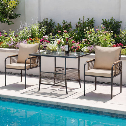 3 Pieces Patio Wicker Bistro Set with Cushions and Rattan Chairs for Balcony-Brown