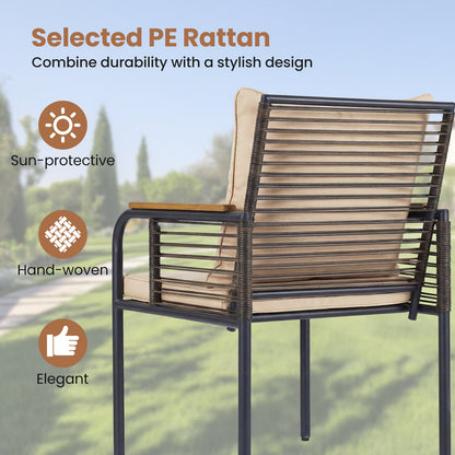 3 Pieces Patio Wicker Bistro Set with Cushions and Rattan Chairs for Balcony-Brown