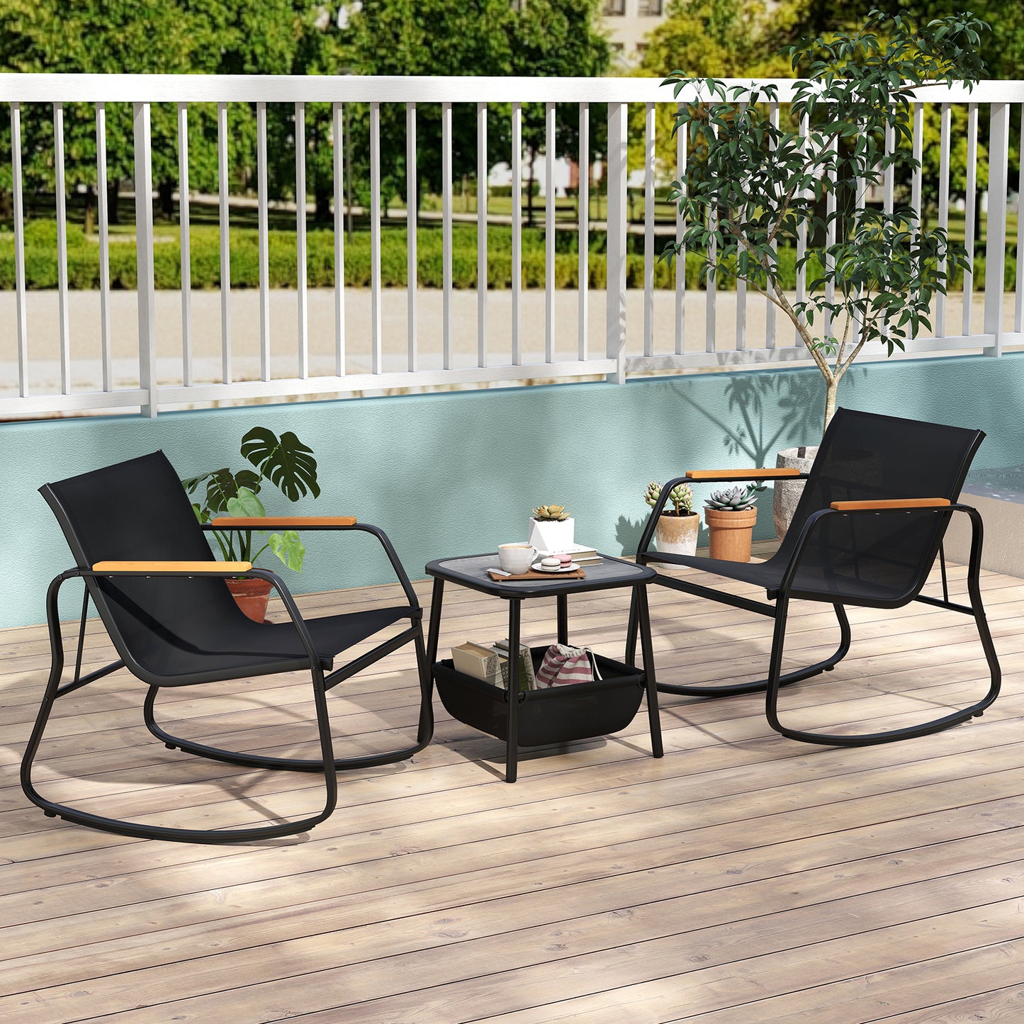 3 Pieces Rocking Bistro Set with Storage Bag and PS Armrests-Black