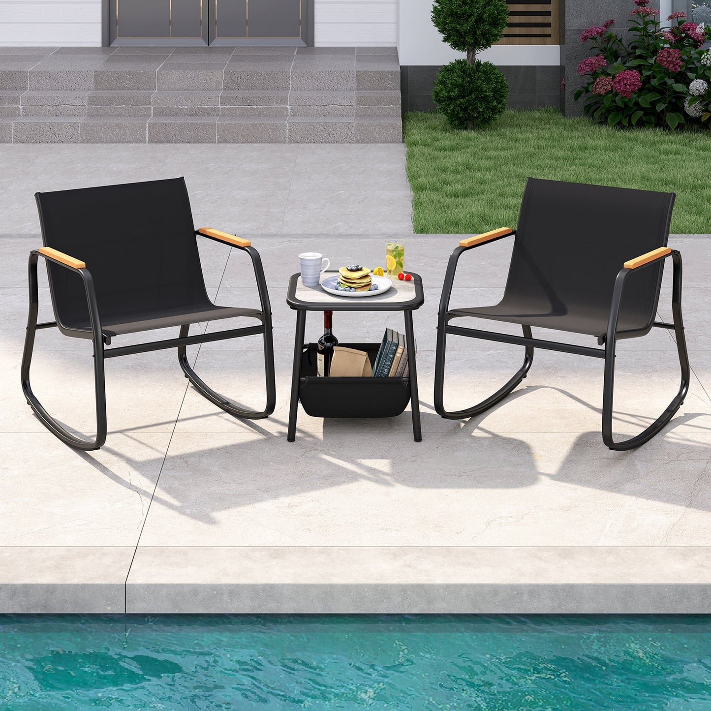 3 Pieces Rocking Bistro Set with Storage Bag and PS Armrests-Black