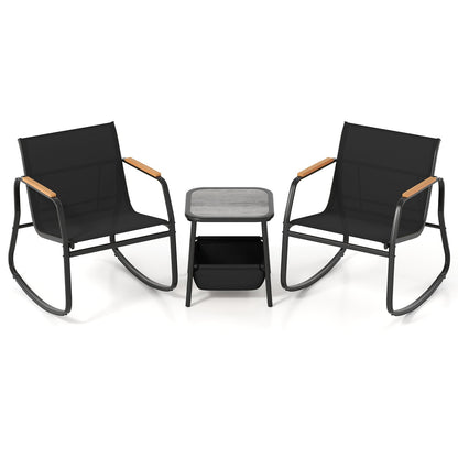 3 Pieces Rocking Bistro Set with Storage Bag and PS Armrests-Black